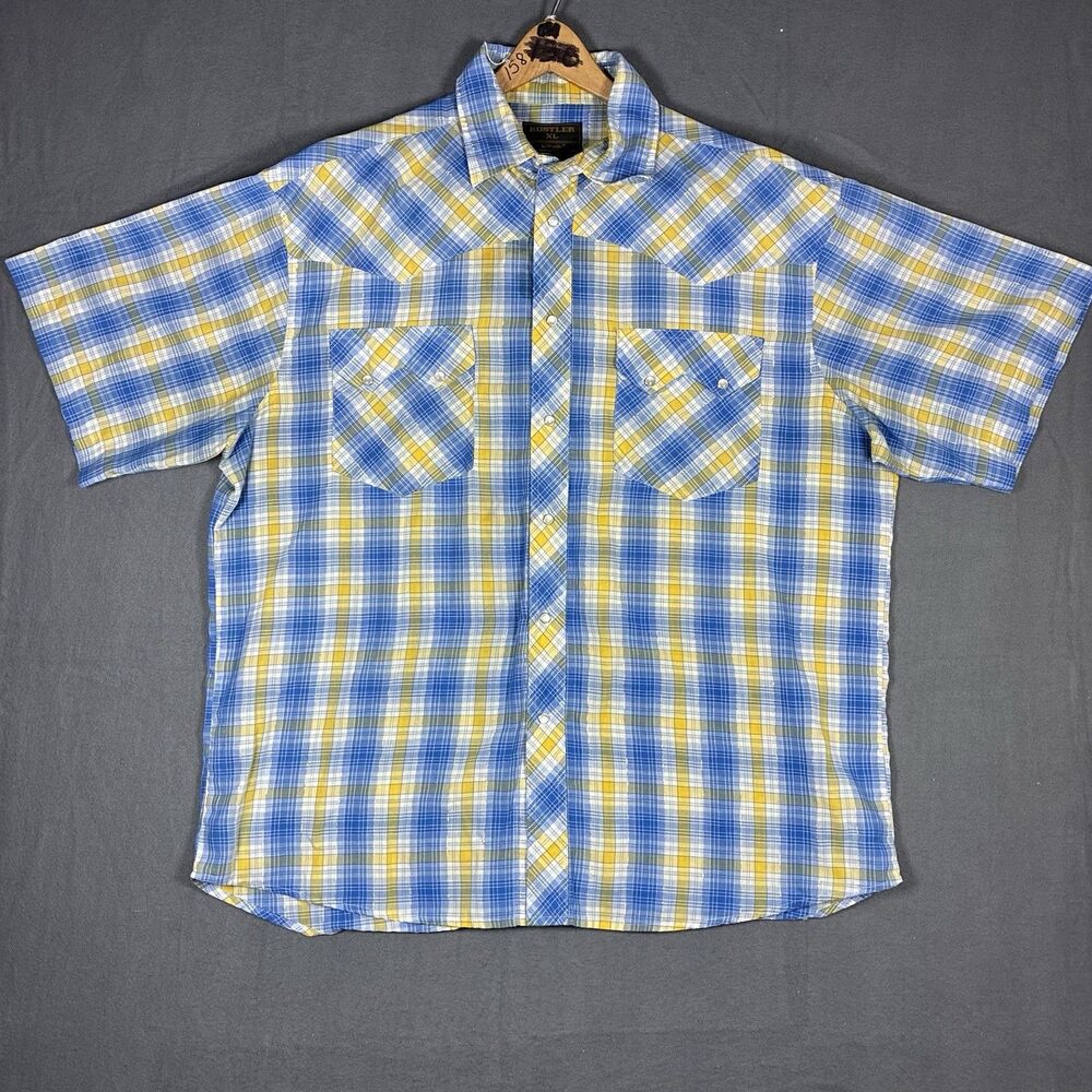 Rustler Western Shirt Mens XL Blue Plaid Pearl Snap Sawtooth Silver Yellow